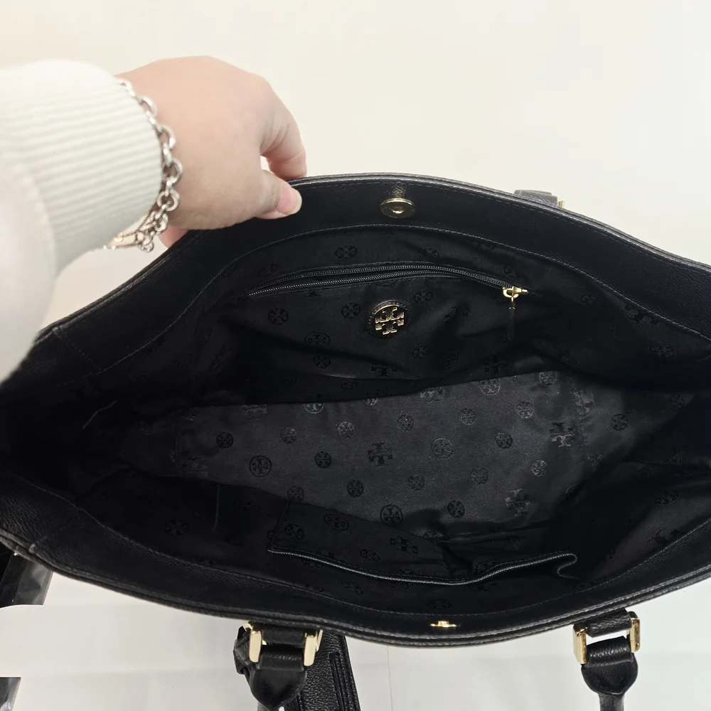 Black Leather Tory Burch Tote Bag with Gold Accents - Picture 5 of 13